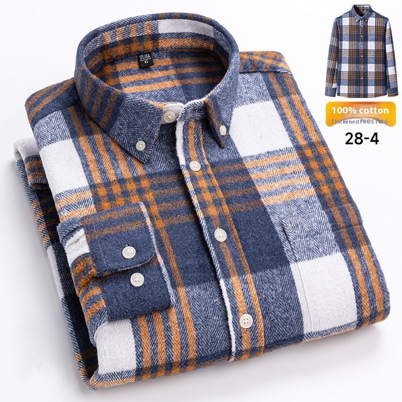 Folded plaid shirt with blue, orange, and white pattern on a white background