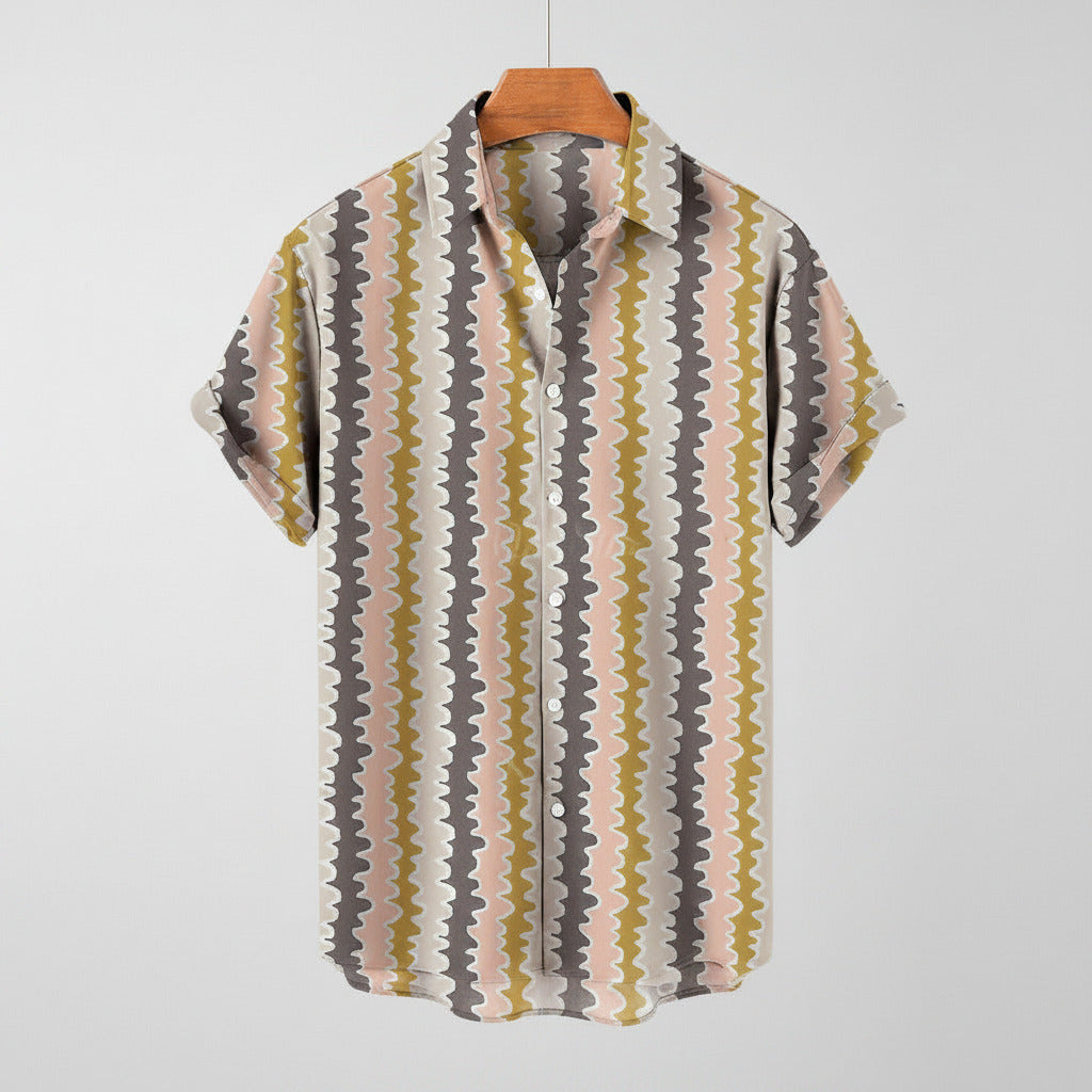 Striped short-sleeve shirt on a hanger with a white background