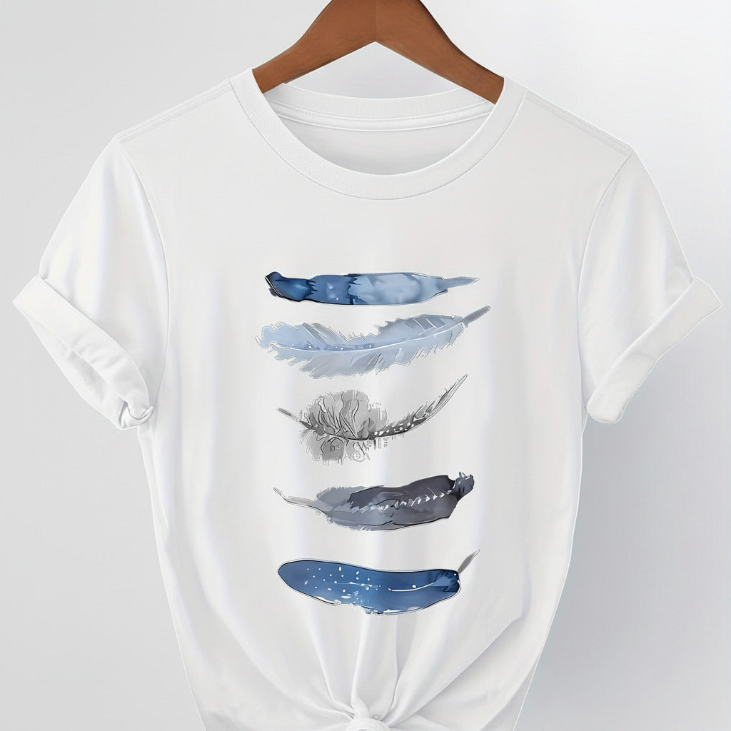 White t-shirt with feather design on a hanger