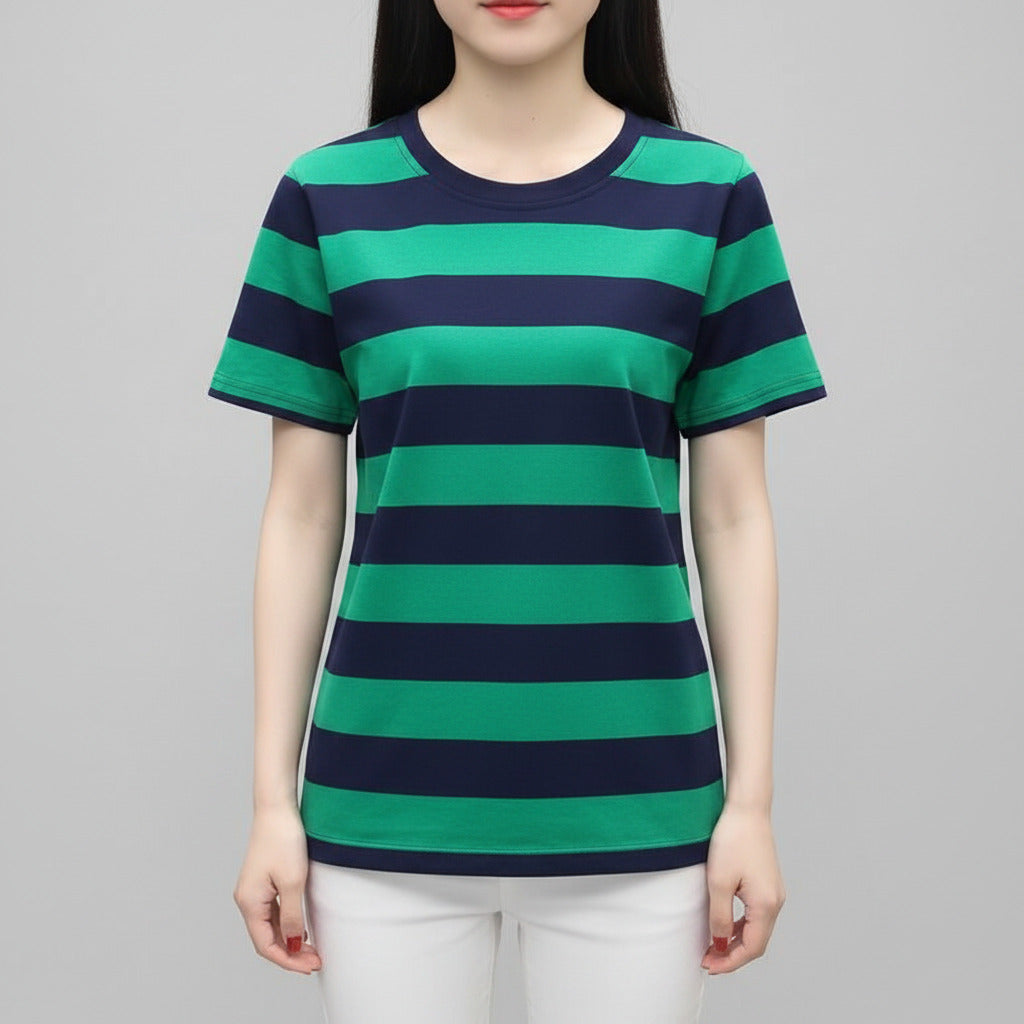 Person wearing a green and navy striped shirt taking a mirror selfie.