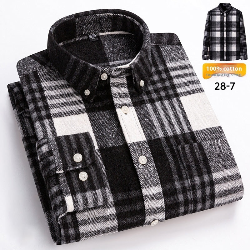 Black and white plaid shirt with a tag indicating 100% cotton on a white background