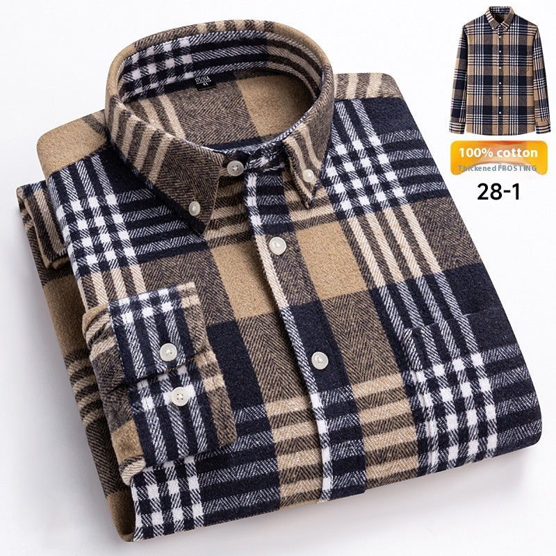 Plaid shirt with brown, blue, and beige colors on a white background