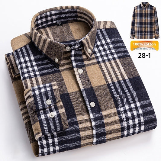 Plaid shirt with brown, blue, and beige colors on a white background