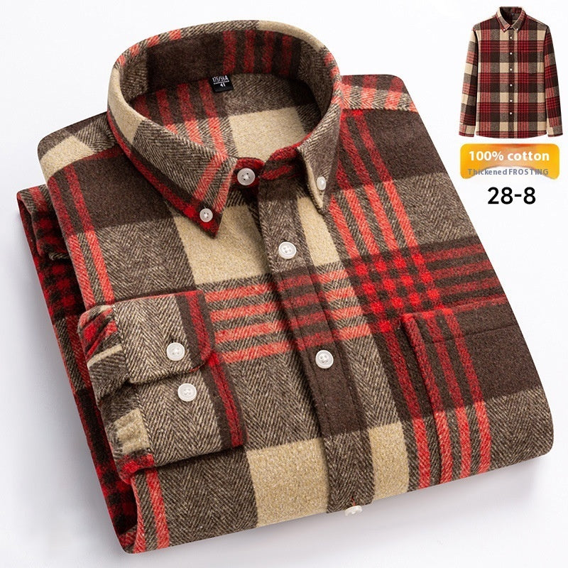 Folded plaid shirt with red, brown, and beige colors on a white background