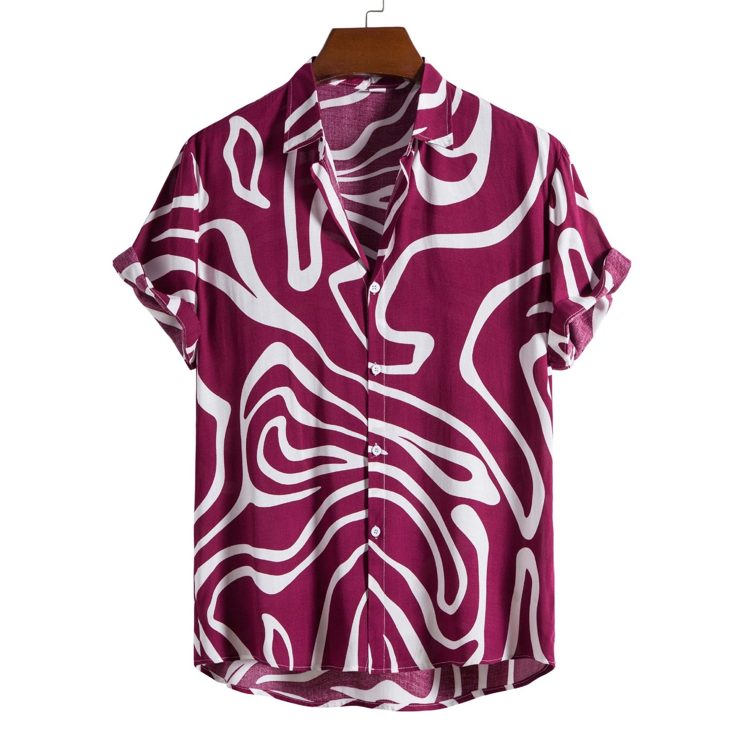 Short-sleeve shirt with a purple and white abstract pattern on a hanger against a white background