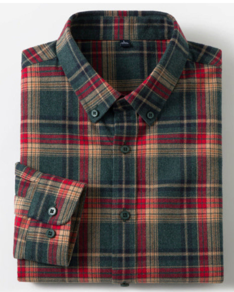 Plaid shirt with red, green, and beige pattern on a white background