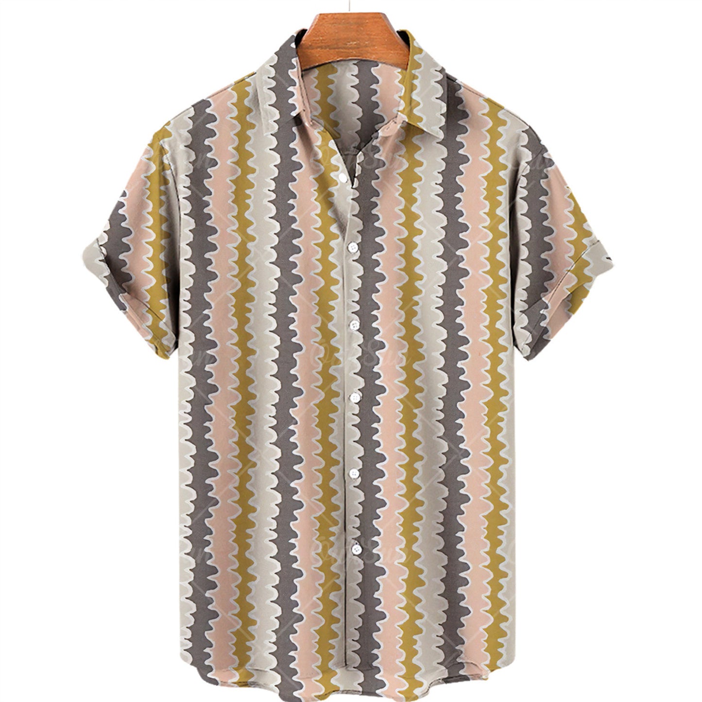 Striped short-sleeve shirt on a hanger with a white background
