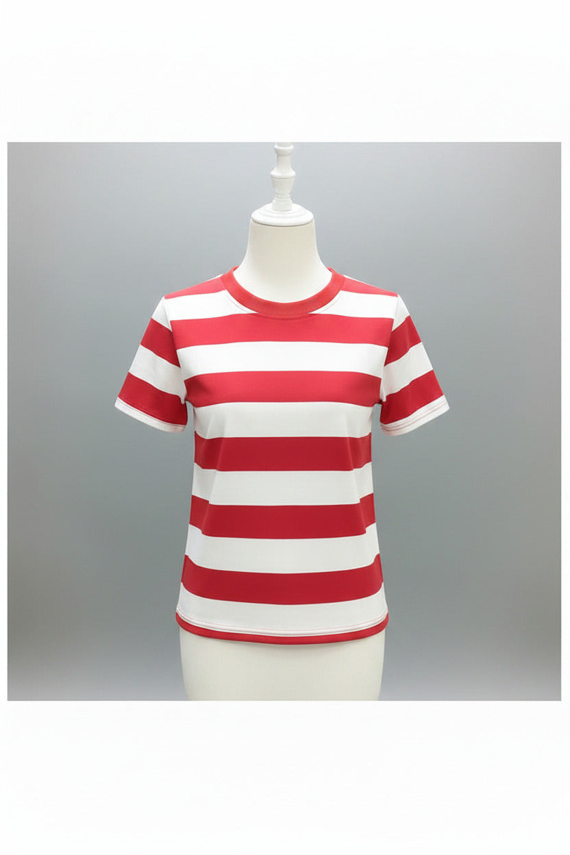 Person wearing a red and white striped shirt in an indoor setting