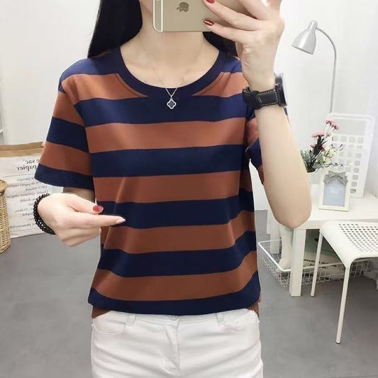 Person wearing a striped shirt taking a mirror selfie in a room.