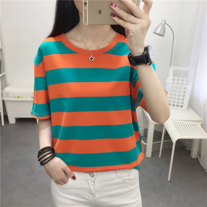 Person wearing a striped orange and green shirt taking a mirror selfie.